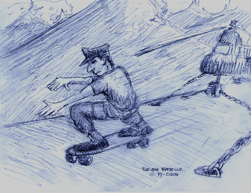 Ralph Sketch Skateboarding on the Flight Deck of the USS Okinawa During a Typhoon 1970